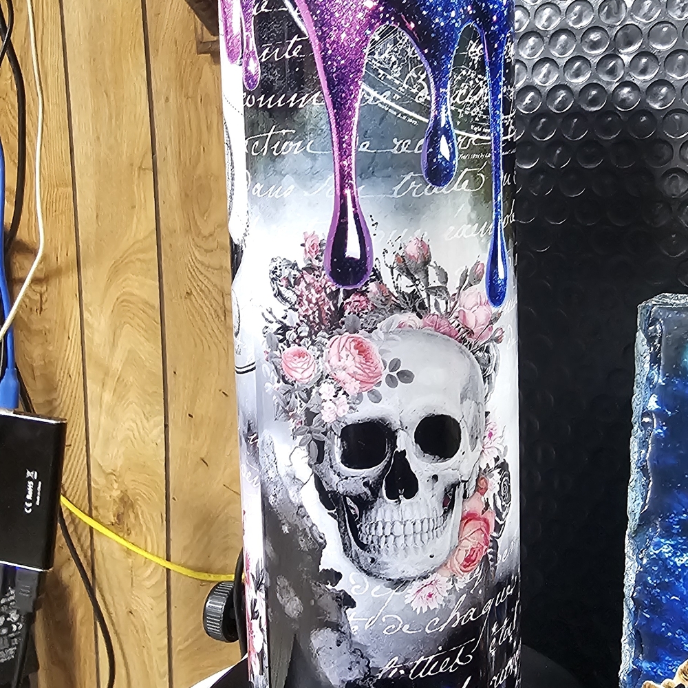 Skull and Roses Party Tumbler with Dripping Glitter Design